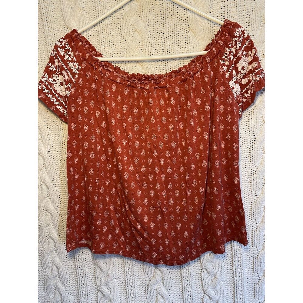 JOLT‎ M Burnt Orange Floral Print Off Shoulder Crop Top Boho Flowy - Picture 7 of 9